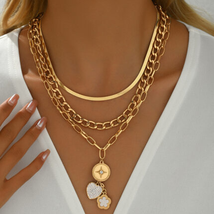 Collier long à maillons de la clavicule, style européen et américain, orné de diamants et composé de plusieurs rangs. Motif floral personnalisé.