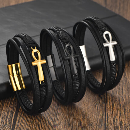 Bracelet croix simple en cordon de cuir tressé