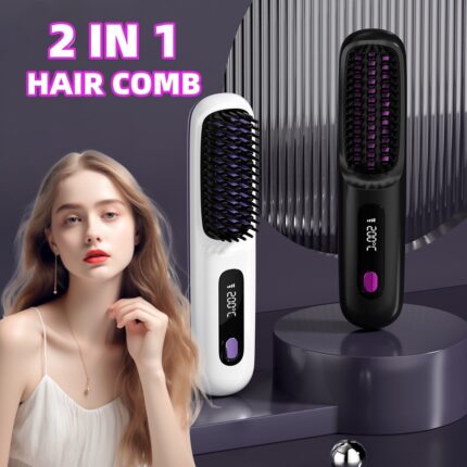 Brosse lissante sans fil 2 en 1 avec fer à lisser et boucleur portable à chauffage rapide et chargement USB